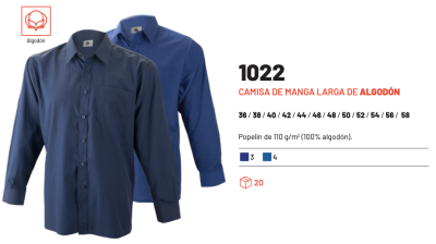 Camisa manga larga 1 bolsillo 100% algodón